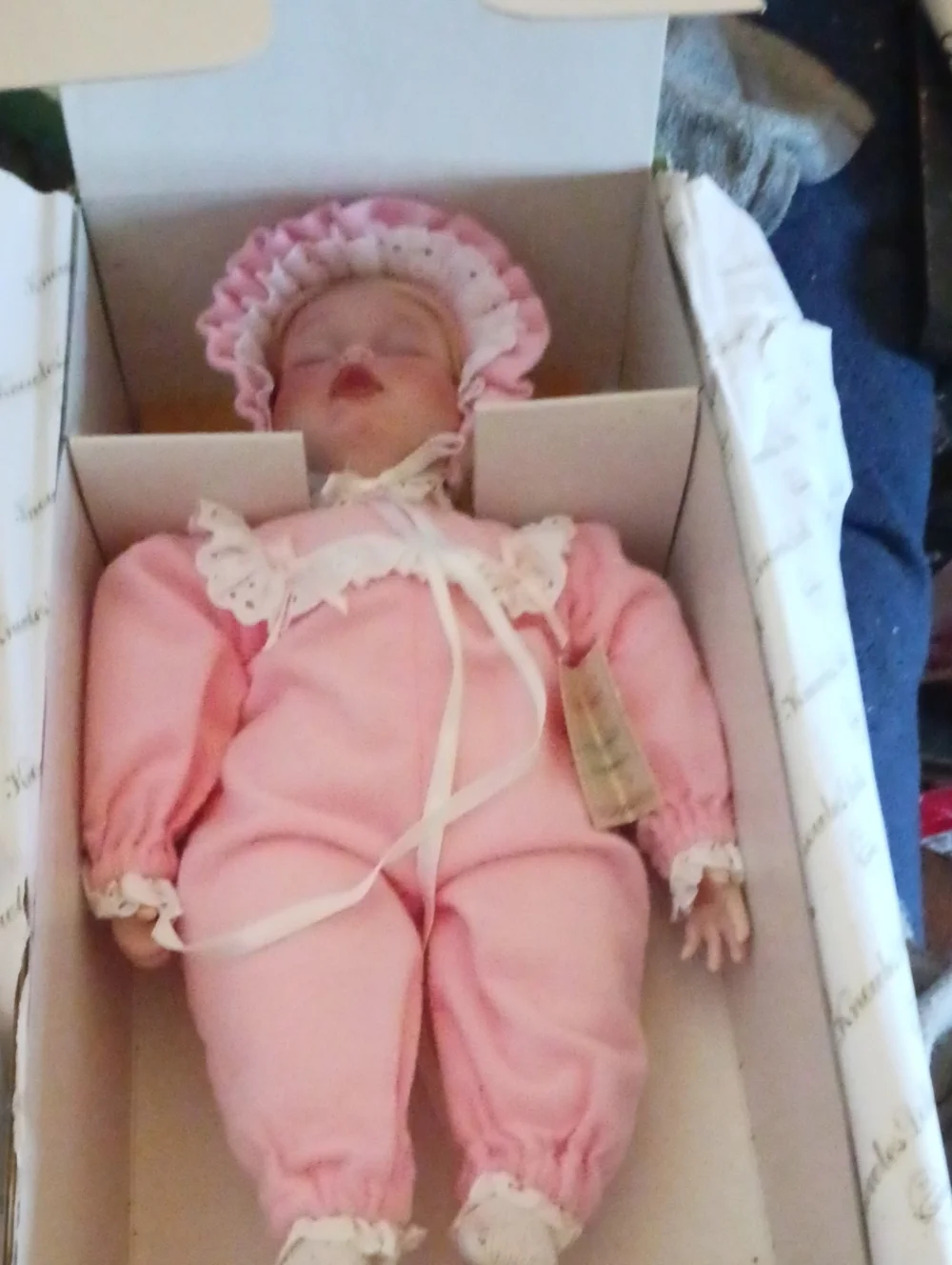 Porcelain Baby Doll in Pink Bonnet and Romper
